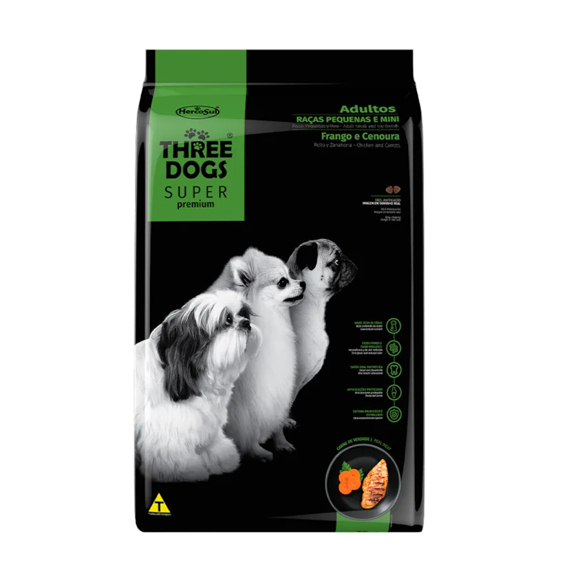 Ração Cães Three Dogs Super Adultos Raças Pequenas e Mini Frango Cenoura 10,1kg