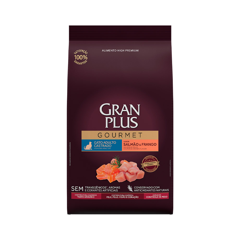 Ração GranPlus Gourmet para Gatos Castrados Sabor Salmão e Frango