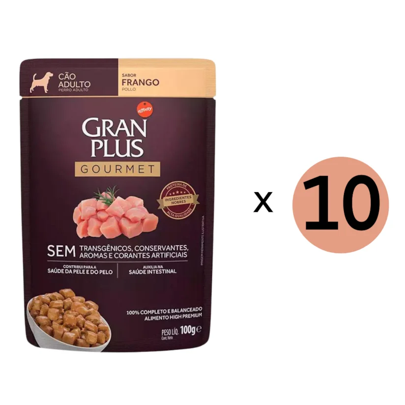 Kit 10 Rações Úmidas Gran Plus Sachê Cães Gourmet Adultos Frango 100g
