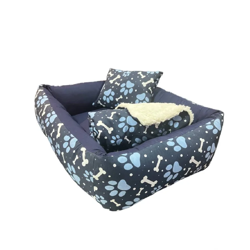 Kit Cama Manta Travesseiro CamaPet para Cães e Gatos Ossinho Azul M