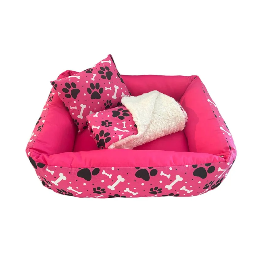 Kit Cama Manta Travesseiro CamaPet para Cães e Gatos Ossinho Pink G