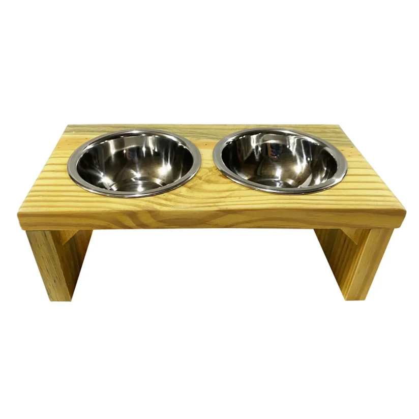 Comedouro Duplo Toronto Elevado de Madeira Com Potes Inox Luppet 400ml
