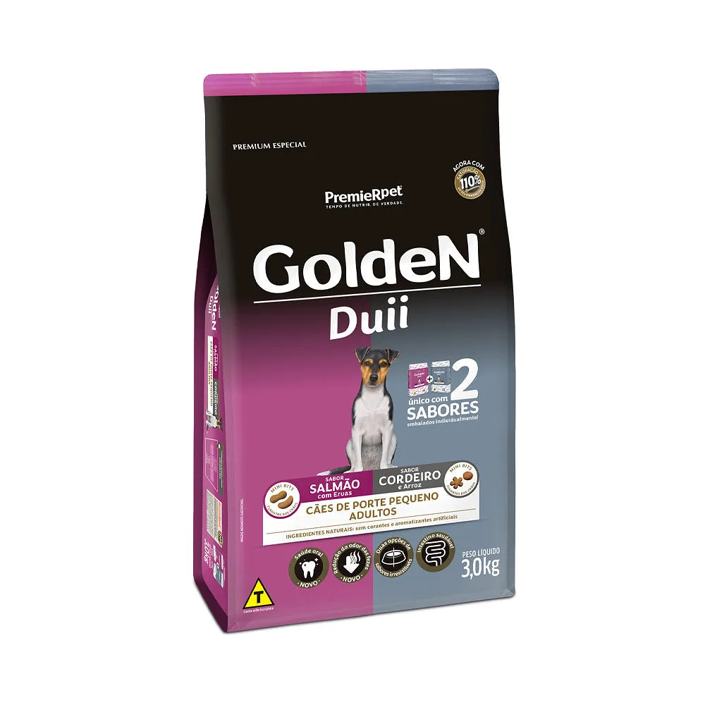 Ração Golden Duii Mini Bits para Cães Adultos de Porte Pequeno Sabor Salmão com Ervas e Cordeiro com Arroz - 3kg