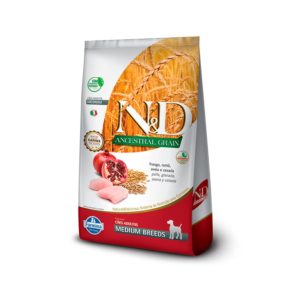 Ração Farmina N&D Ancestral Grain para Cães Adultos de Raças Médias Sabor Frango e Romã