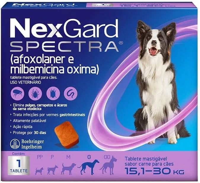 NexGard Spectra Antipulgas e Carrapatos e Vermífugo para Cães de 15,1 a 30kg - 1 tablete