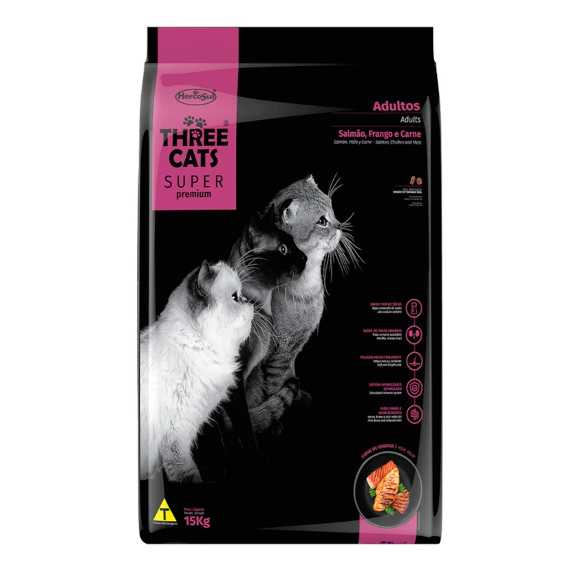 Ração Gatos Three Cats Super Adultos Salmão e Frango 15kg