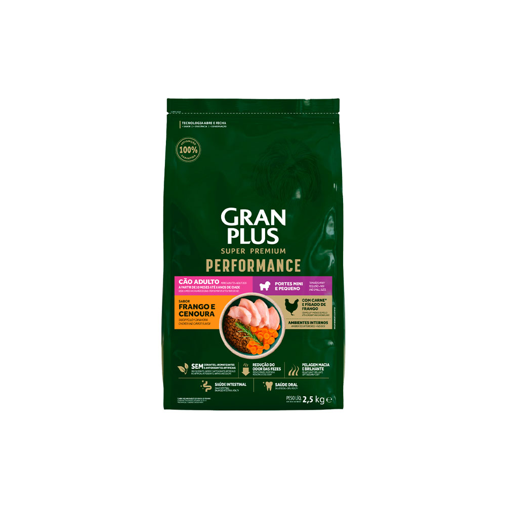 Ração GranPlus Performance para Cães Adultos de Porte Mini e Pequeno Sabor Frango e Cenoura