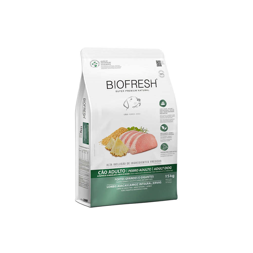 Ração Biofresh para Cães Adultos Porte Grande e Gigante Sabor Lombo, Abacaxi, Arroz Integral e Ervas 15 kg