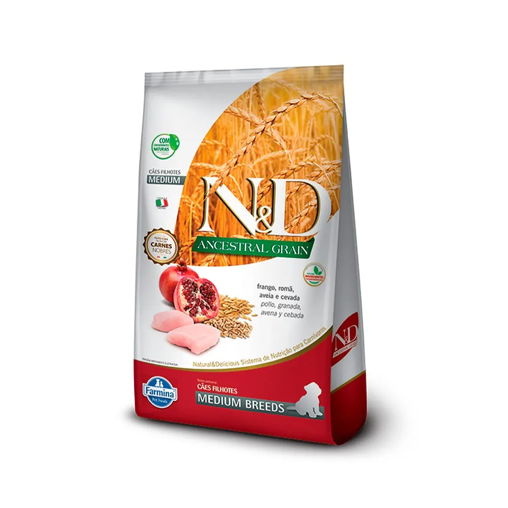 Ração Farmina N&D Ancestral Grain para Cães Filhotes de Raças Médias Sabor Frango e Romã