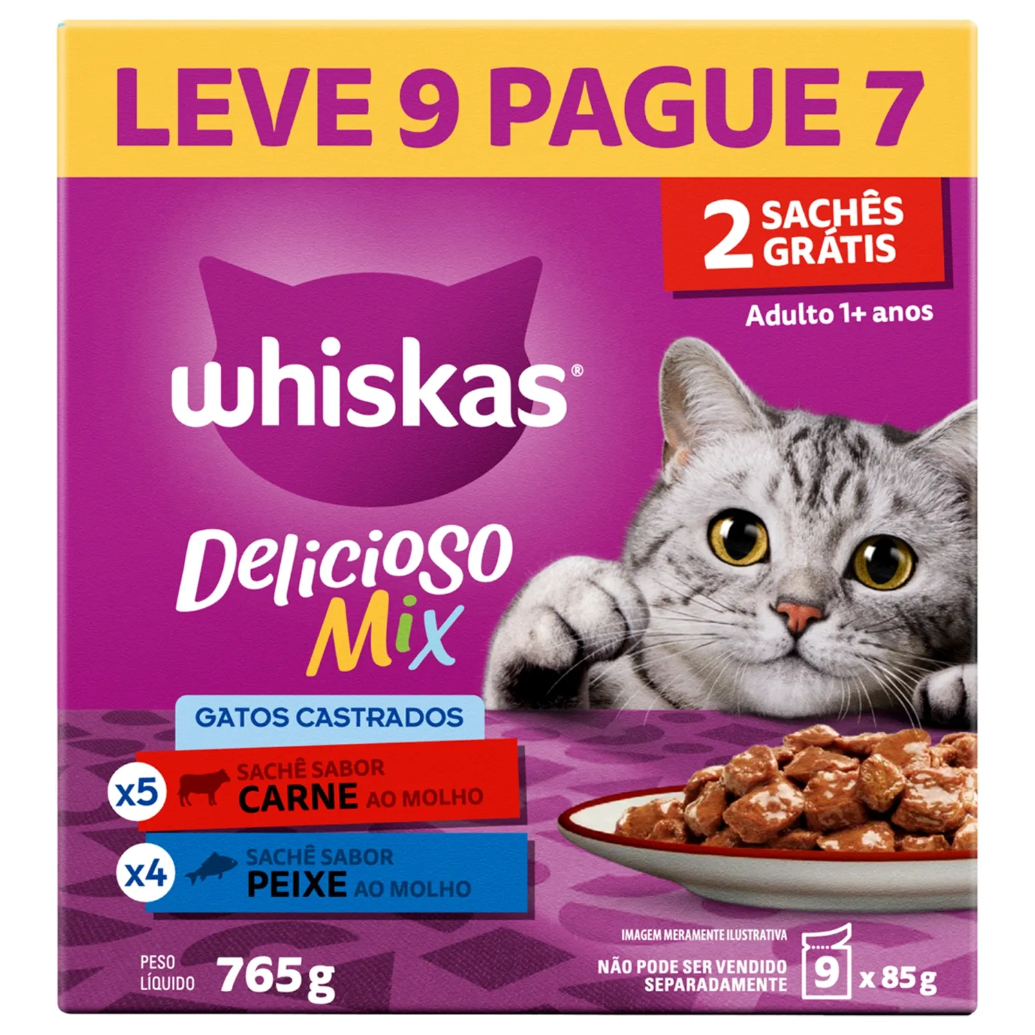 Ração Úmida Whiskas Sachê Gatos Adultos Castrados Carne e Peixe