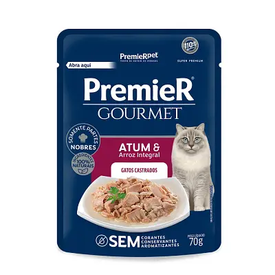 Ração Úmida Premier Gourmet Gatos Castrados Atum e Arroz Integral