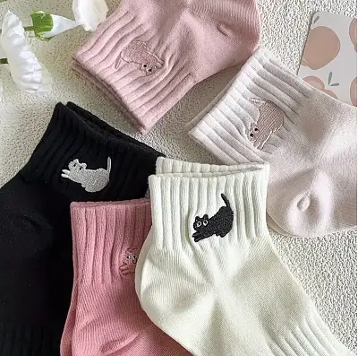 5 Pares de Meias de Bordado de Gato